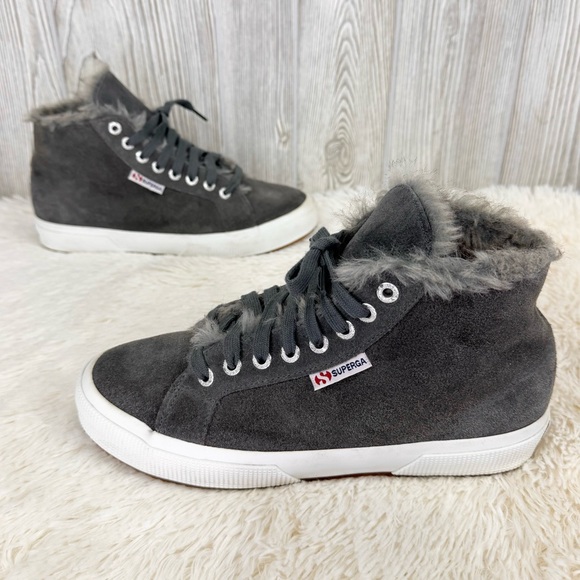 Anthropologie Superga Gray Suede Faux Fur-Lined Sneakers 8.5 grey high tops 39.5 - Picture 1 of 10